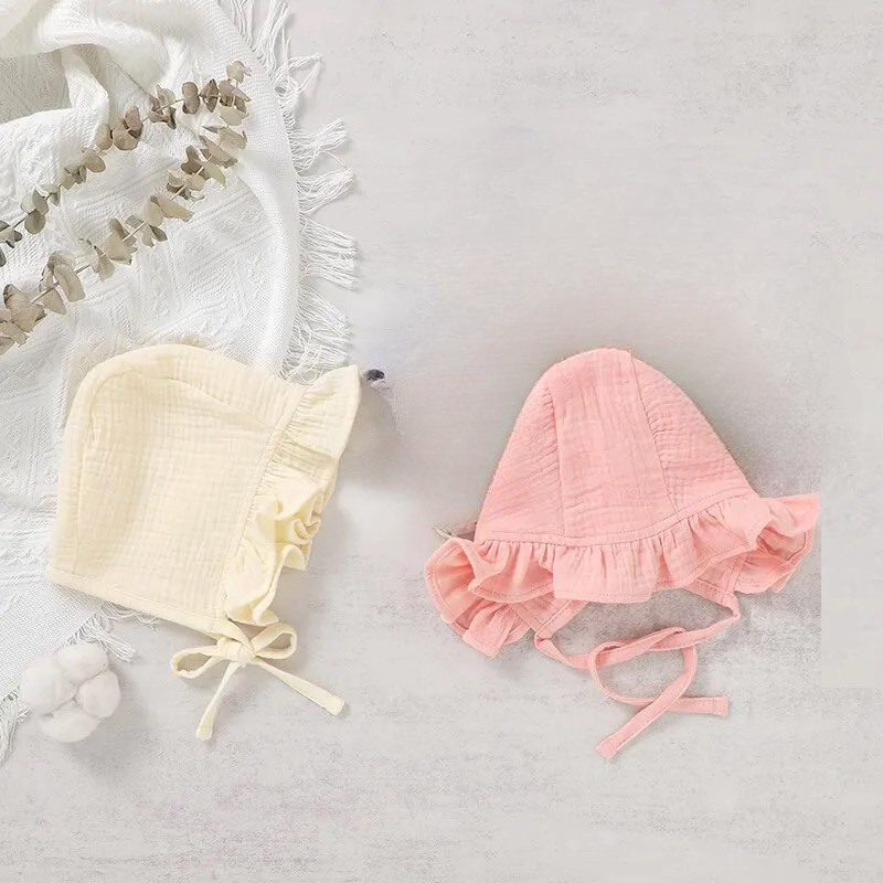 Organic Cotton Vintage Muslin Baby Bonnet white pink 
